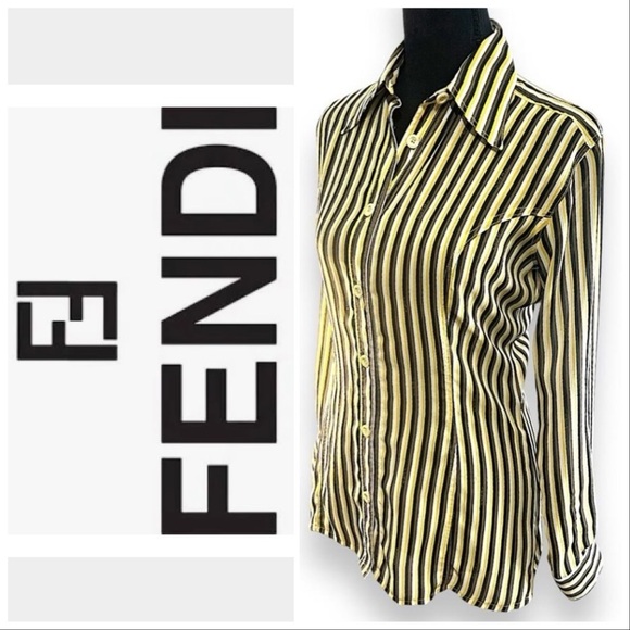 FENDI VTG  Yellow Wh Brown & Black Stripe  Shirt FENDI LOGO fabric & buttons 38 - Picture 1 of 16